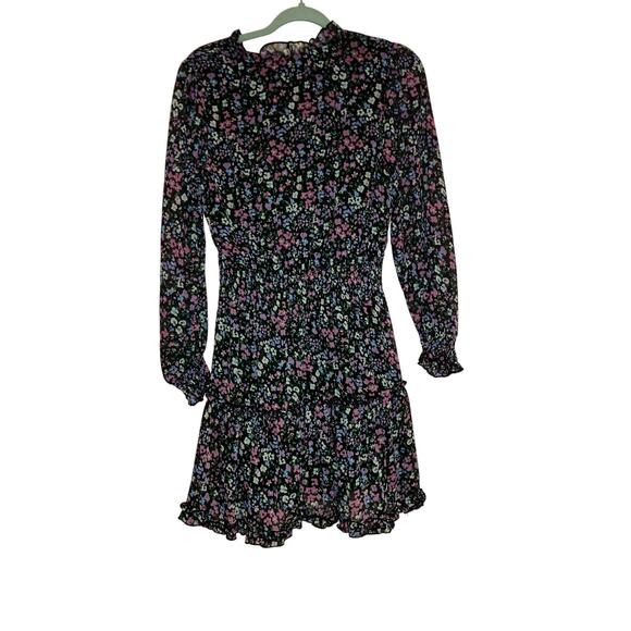 Savida Black Floral Smocked Tiered Ruffle Long Sleeve Mini Dress Size Medium - Picture 4 of 8